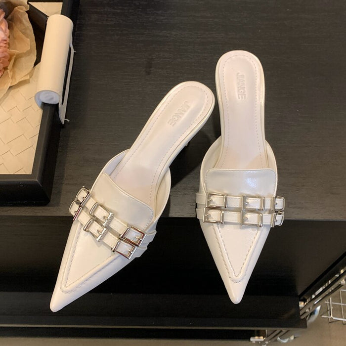 Summer New Brand Women Slipper Fashion Buckle Poined Toe Slip On Mules Shoes Thin High Heel Dress Sandal Shoes-40-Fancey Boutique