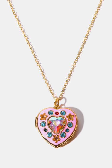 Rhinestone Decor Heart Box Pendant Necklace-One Size-Fancey Boutique