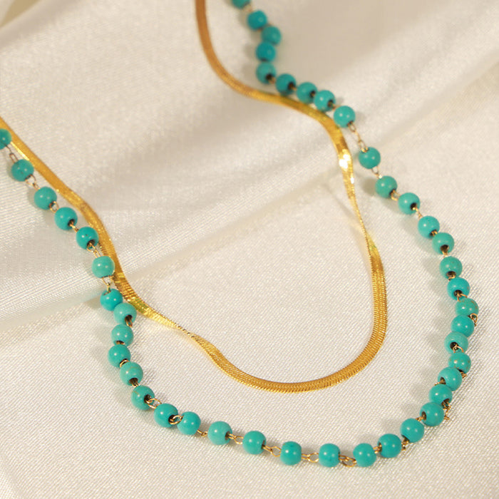 Turquoise Titanium Steel Double-Layered Necklace-One Size-Fancey Boutique