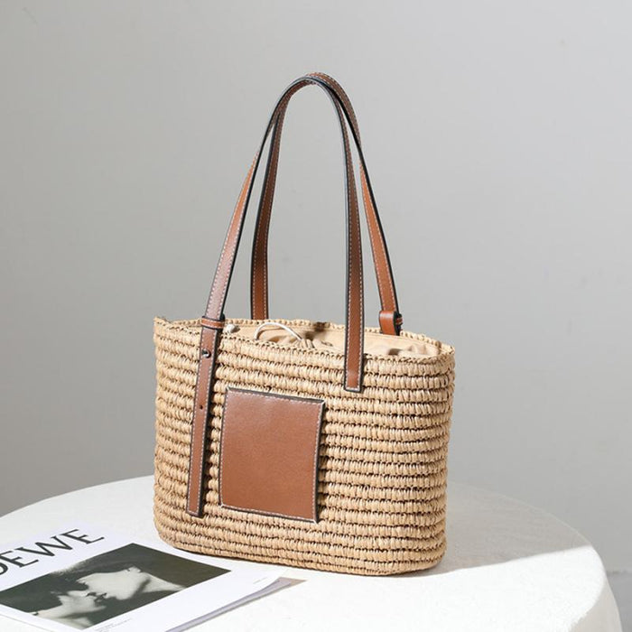 Bohemian Straw Splice PU Leather Women Shoulder Bag Natural Handmade Rattan Handbags Women's Bag Large Capacity Beach Straw Tote-Fancey Boutique