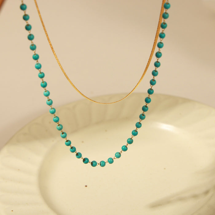 Turquoise Titanium Steel Double-Layered Necklace-One Size-Fancey Boutique