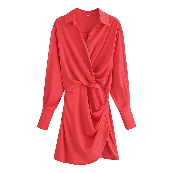 Color-Summer Red for Women Pleated Long Sleeve Shirt Dress-Fancey Boutique