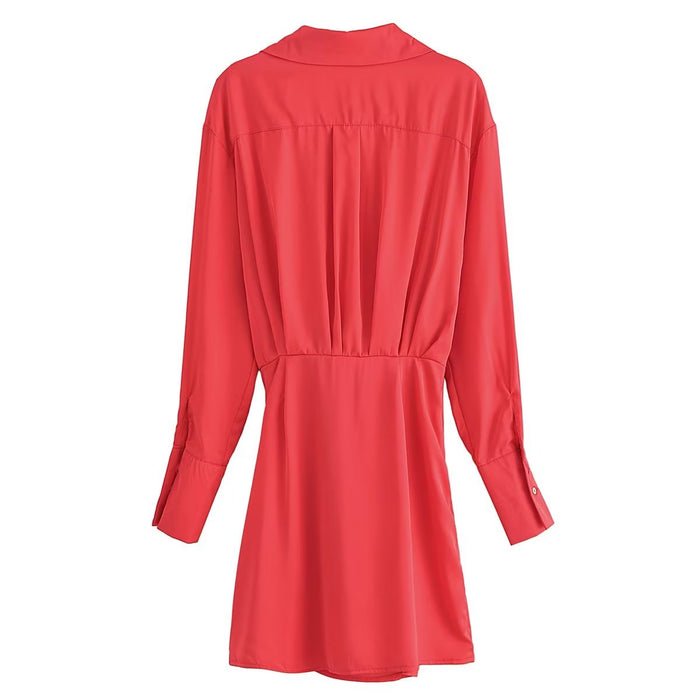 Color-Summer Red for Women Pleated Long Sleeve Shirt Dress-Fancey Boutique
