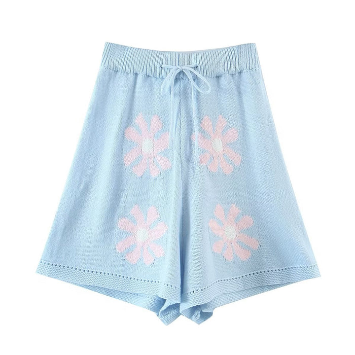 Color-Light Blue-Goods Summer Casual Letter Graphic Loose Embroidered High Waist Slim Fit Straight Wide Leg Knitted Shorts-Fancey Boutique