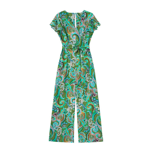 Color-Green-Summer Women All-Matching Slimming Short Sleeve V-neck Printed Jumpsuit-Fancey Boutique
