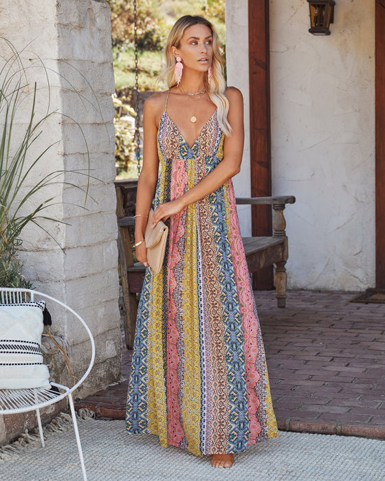 Color-Multi-V neck Sexy Backless Spaghetti Strap Floral Print Swing Summer Dress-Fancey Boutique