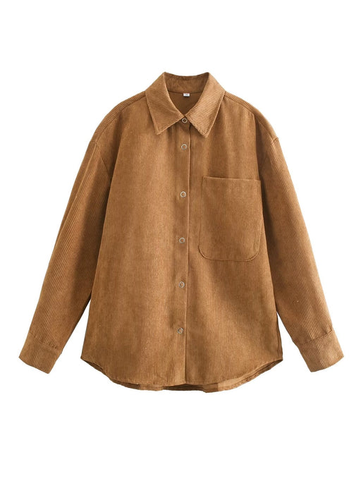 Color-Dark Brown-Casual Brown Corduroy Shirt Simple Collared Mid Length Coat Early Autumn Net Pocket Women Top-Fancey Boutique