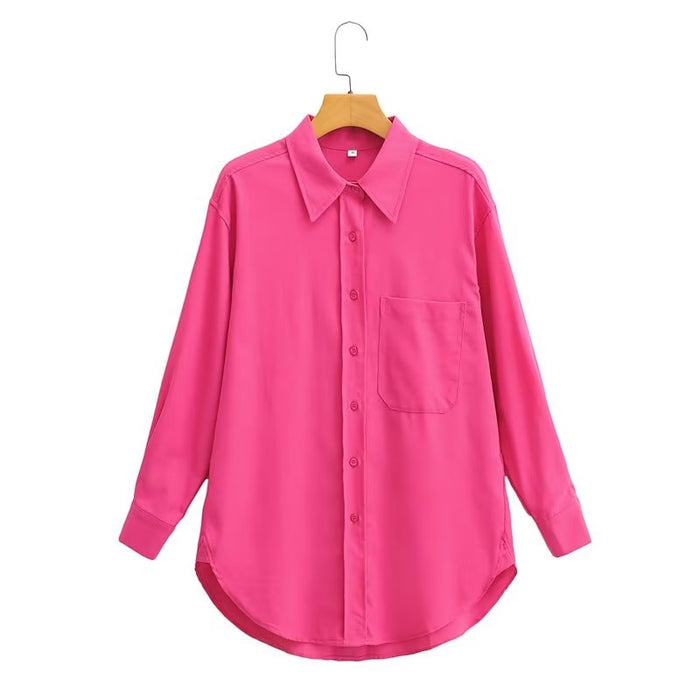 Color-Coral Red-Summer Women Clothing Slimming Solid Color Loose Long Sleeves Shirt Top-Fancey Boutique