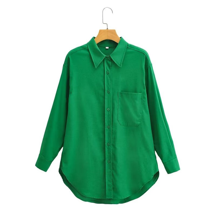 Color-Green-Summer Women Clothing Slimming Solid Color Loose Long Sleeves Shirt Top-Fancey Boutique