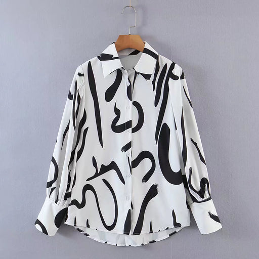 Color-White-Young Graffiti Printing Shirt Women Spring Loose Plus Size Korean Long Sleeve Shirt-Fancey Boutique