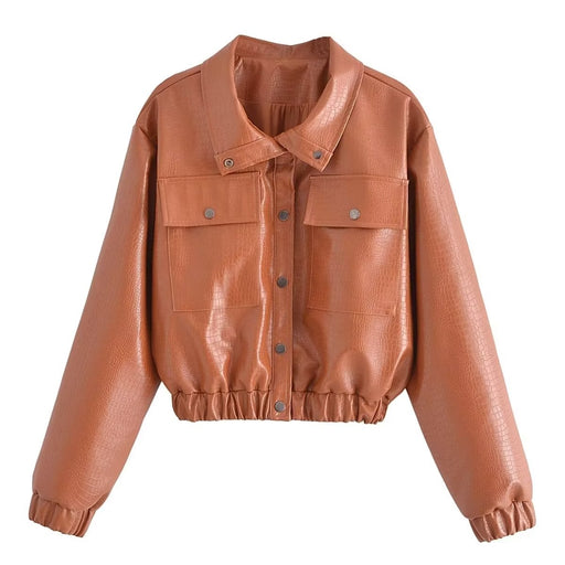 Color-Brown-Autumn Winter Casual Retro Quilted Leather Jacket Coat Women Shirt-Fancey Boutique