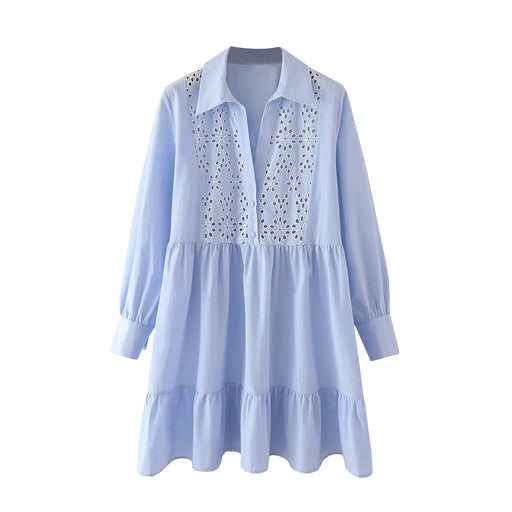 Color-Light Blue-Spring Summer Simplicity Blue Shirt Collared Ruffled Layered Loose Dress Women-Fancey Boutique