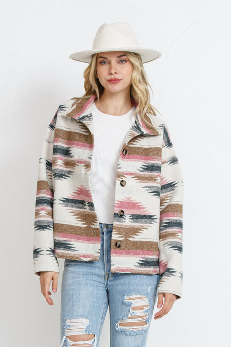 Color-Pink and White-Autumn Winter Popular Women Woolen Jacket Aztec Coat-Fancey Boutique