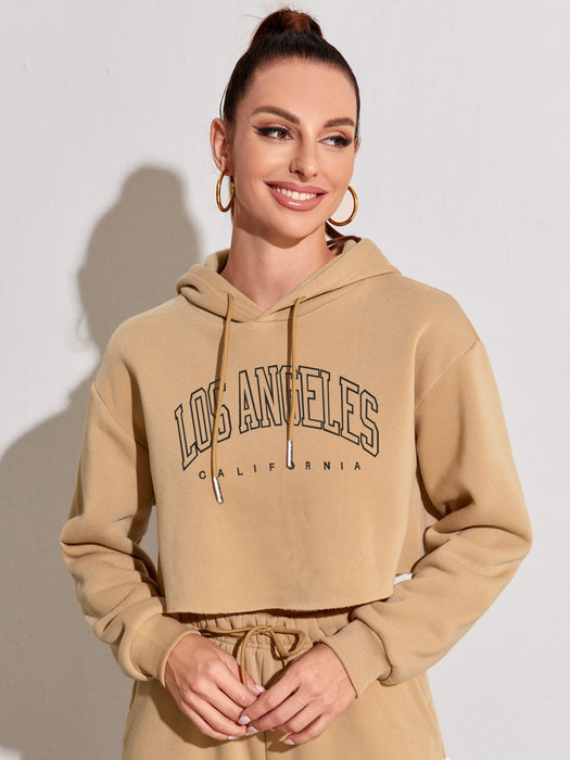 Color-Khaki-Autumn Winter Brushed Hoody Women Street BF Pullover Short Letters Printed Thickening cropped Women-Fancey Boutique