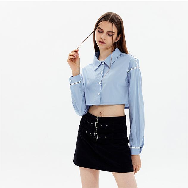Color-Fashionable Ribbon Blue Short cropped Long Sleeve Shirt Collared Sweet Autumn Top for Women-Fancey Boutique