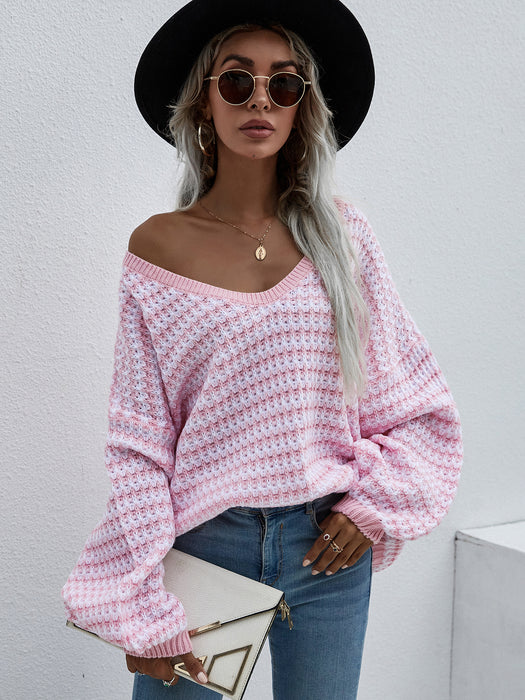 Color-Pink-Autumn Winter Pullover Stripe Women Knitwear V neck Women Clothing Plus Size Sweater Women-Fancey Boutique