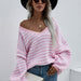 Color-Pink-Autumn Winter Pullover Stripe Women Knitwear V neck Women Clothing Plus Size Sweater Women-Fancey Boutique