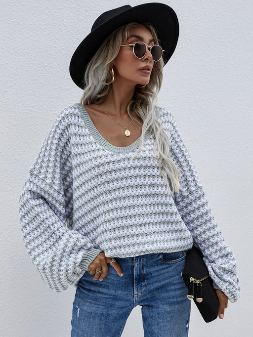 Color-Gray-Autumn Winter Pullover Stripe Women Knitwear V neck Women Clothing Plus Size Sweater Women-Fancey Boutique