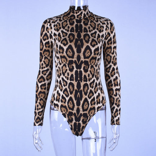 Color-Leopard-French Summer Sexy Slimming High Collar Skinny Print Long Sleeve Jumpsuit Women Stall-Fancey Boutique