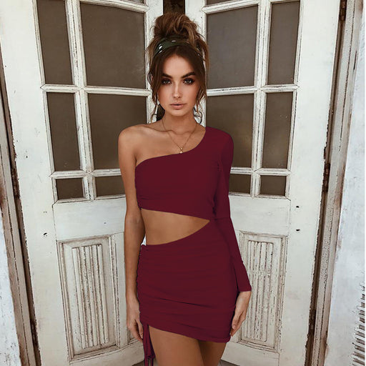 Color-Burgundy-Women Clothing Sexy Hollow Out Cutout Strap Hip One Shoulder Long Sleeve Dress-Fancey Boutique