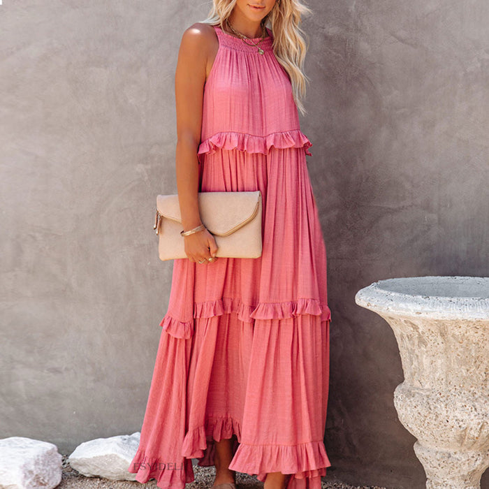Color-Pink-Summer Dress Irregular Asymmetric Tiered Dress Sleeveless Long Floor Length Dress Holiday Dress Women-Fancey Boutique