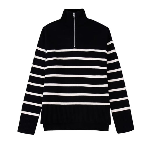 Color-Black-Winter Bloggers Same Contrast Color Striped Zipper Collared Knitwear Sweater-Fancey Boutique
