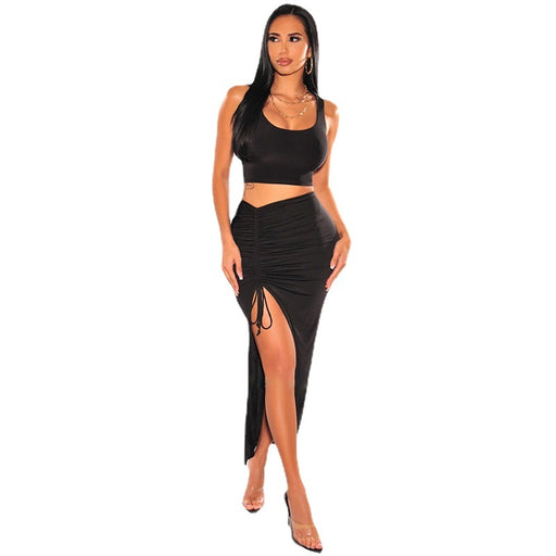 Color-Black-Women Wear Autumn Slim Fit cropped Sling Top Sheath Dress with Vents Suit-Fancey Boutique