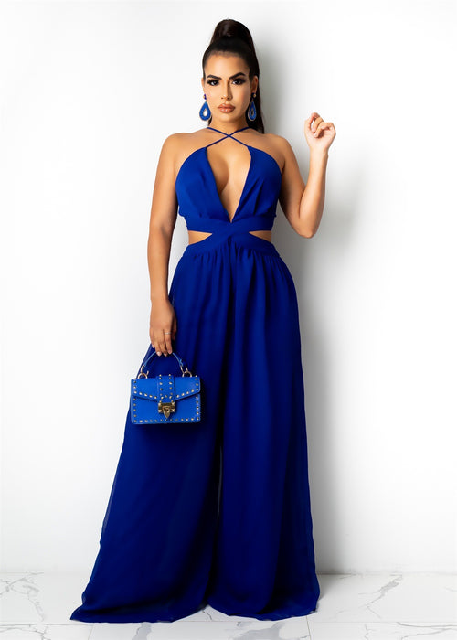 Color-royal blue-New Solid Color Casual Loose Chiffon Women Jumpsuit-Fancey Boutique