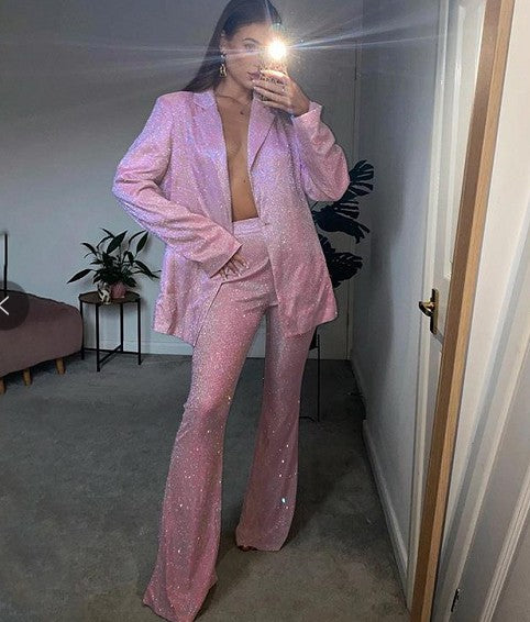 Color-Pink Coat-Glitter Camisole Slim Straight High Waisted Trousers Flash Coat Nightclub Suit-Fancey Boutique