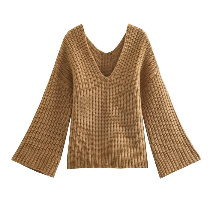 Color-camel-Winter Graceful V neck Wide Sleeve Khaki Pullover Sweater Women-Fancey Boutique