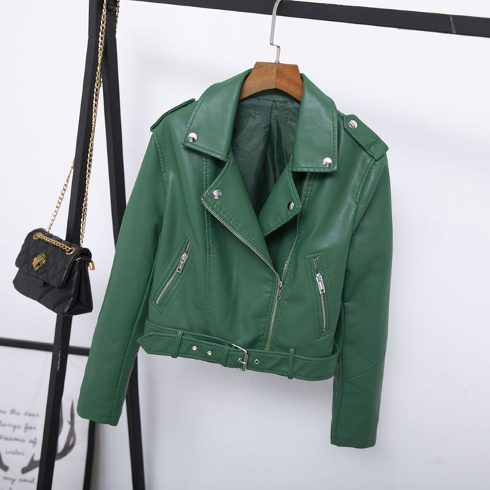 Color-Green-Autumn Epaulet Collared Short Belt Women Faux Leather Coat Simple Leather Jacket Motorcycle Jacket-Fancey Boutique