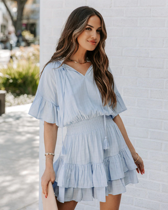 Color-Light Blue-Women Summer New Ruffled Solid Color Crew Neck Bohohemain Smocked Tiered Dress-Fancey Boutique