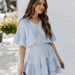 Color-Light Blue-Women Summer New Ruffled Solid Color Crew Neck Bohohemain Smocked Tiered Dress-Fancey Boutique