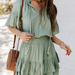 Color-Green-Women Summer New Ruffled Solid Color Crew Neck Bohohemain Smocked Tiered Dress-Fancey Boutique