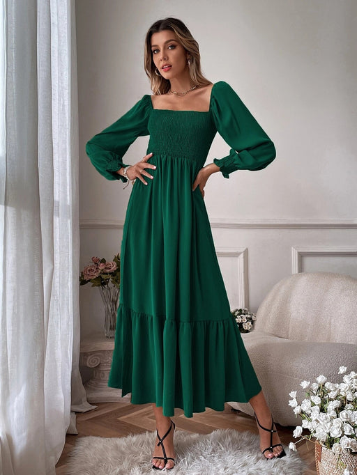 Color-Green-Autumn Winter Long Sleeve Ruffled High Waist Pullover Tight Dress-Fancey Boutique