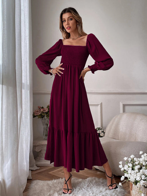 Color-Burgundy-Autumn Winter Long Sleeve Ruffled High Waist Pullover Tight Dress-Fancey Boutique