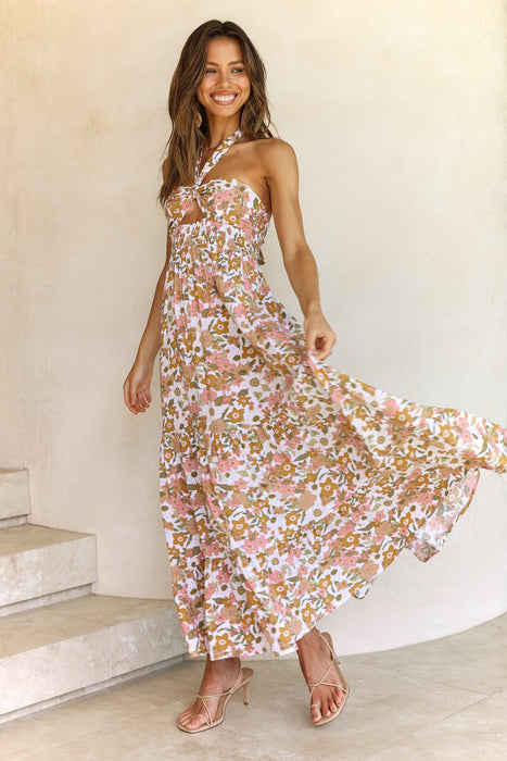 Color-Multi-Women Summer Vacation Halter Sleeveless Maxi Cutout A Line Dress-Fancey Boutique