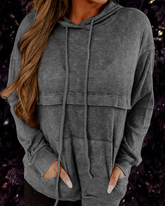 Color-Dark Grey-Ladies Loose Waffle Cotton Loose Kangaroo Pocket Hooded-Fancey Boutique