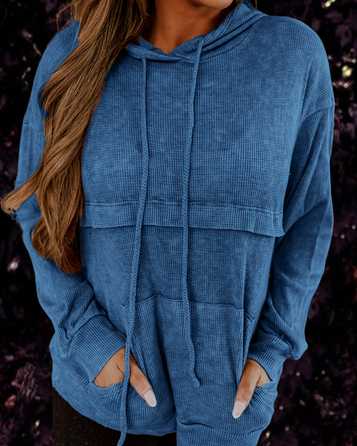 Color-royal blue-Ladies Loose Waffle Cotton Loose Kangaroo Pocket Hooded-Fancey Boutique