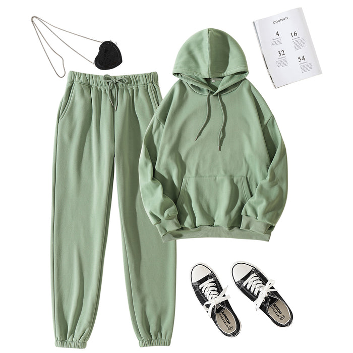 Color-Army Green-Sports Suit Women Brand Loose Fitting Western Solid Color Hooded Sweater Set plus Velvet Thickened Women-Fancey Boutique