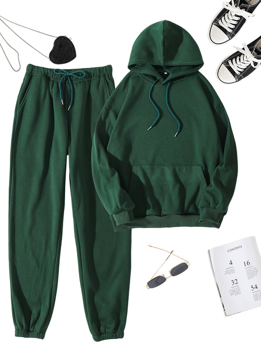 Color-blackish green-Sports Suit Women Brand Loose Fitting Western Solid Color Hooded Sweater Set plus Velvet Thickened Women-Fancey Boutique