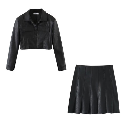 Color-Black-Autumn Short Faux Leather Shirt High Waist Pleated Skirt Set-Fancey Boutique