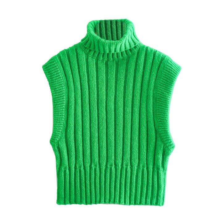 Color-Green-Autumn Winter Bright Turtleneck Curling Thick Thread Knitted Sunken Stripe Vest Jacket Sweater Women-Fancey Boutique