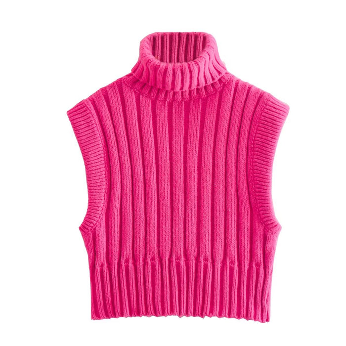 Color-Coral Red-Autumn Winter Bright Turtleneck Curling Thick Thread Knitted Sunken Stripe Vest Jacket Sweater Women-Fancey Boutique