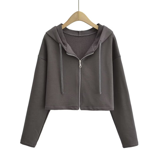 Autumn Loose Long Sleeve Short Casual Solid Color Top Hooded Sports Zipper Cardigan Sweater Coat Women-Fancey Boutique