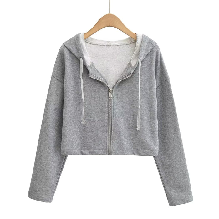 Autumn Loose Long Sleeve Short Casual Solid Color Top Hooded Sports Zipper Cardigan Sweater Coat Women-Fancey Boutique