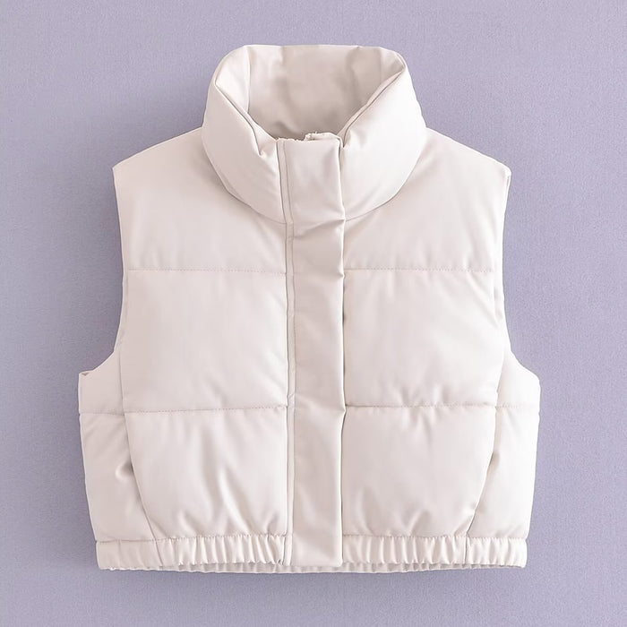 Color-White-Stand Collar Faux Leather Short Cotton Jacket Vest Autumn Winter Casual Women Quilted Slim Fit Cotton Vest-Fancey Boutique