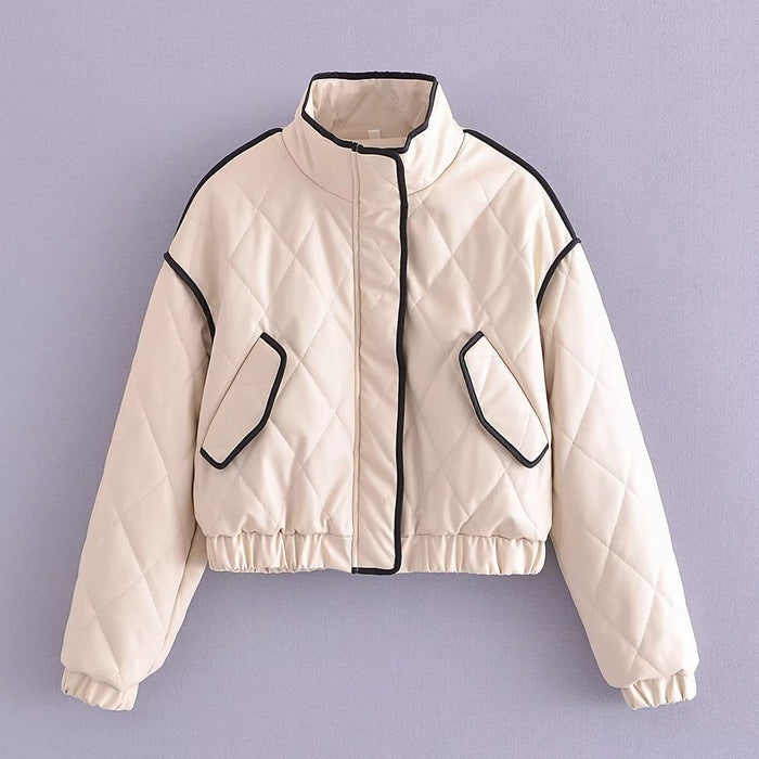 Color-Ivory-Autumn Women Clothing Covered Quilted Faux Leather Faux Leather Cotton Padded Coat-Fancey Boutique