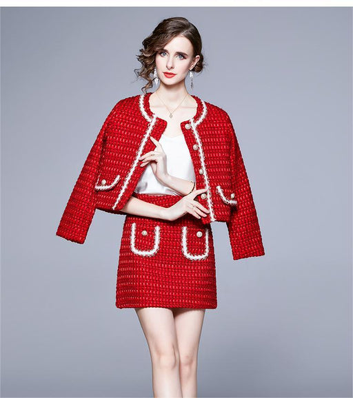 Color-Red-New Tweed Suit New Autumn And Winter Suit Dress Temperament Two Piece Set-Fancey Boutique