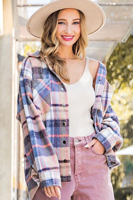 Color-Blue plaid-Women Clothing Autumn Winter Plaid Coat Casual Loose Lapels Woolen Coat-Fancey Boutique